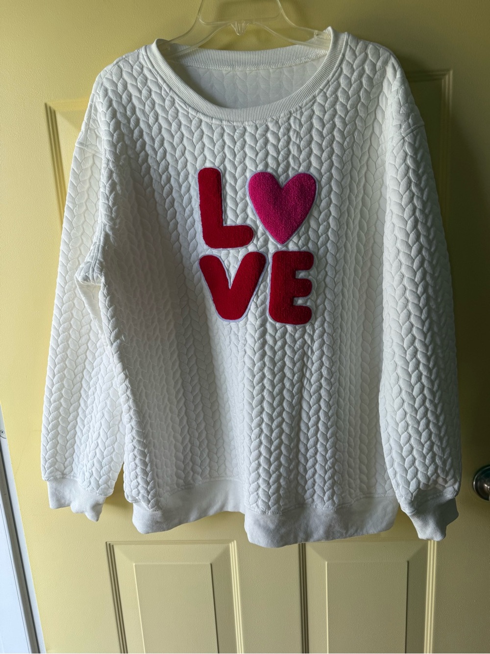 Women's White Quilted 'LOVE' Pullover Sweater with Pink & Red Appliqué